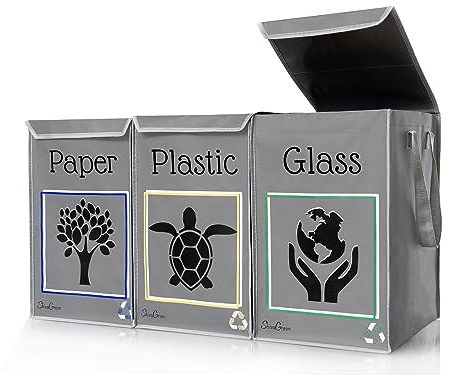 Shiva Green Mulltrennsystem 3fach - Recycling System - Altglas Sammelbehälter - Leergut Sammelbehälter - Altpapier Sammler - aus Plastik und Glas mit Deckel (Olivia.)