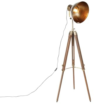 Qazqa - Industrial Tripod Floor lamp Bronze with Wood - Mangoes- - Industrial - Suitable for LED E27 | 1 Light - Wood Floor lamp - Suitable for Living Room I Bedroom I