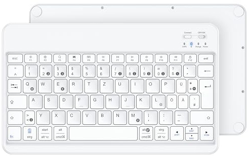 Emetok Deutsche Bluetooth Tastatur, Ultradünn, für iPad/Android, Weiße | Große Tastenkappen, tragbar kabellos, wiederaufladbar, für iPad Air/Pro/Mini/10.9/10.2/iPhone/Android–Reisen/Büro/Homeoffice