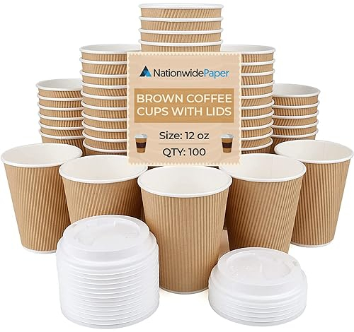 Nationwide Paper Coffee Cups with Lids 12oz Disposable Triple Walled Ripple Cups Brown - 100 Pcs