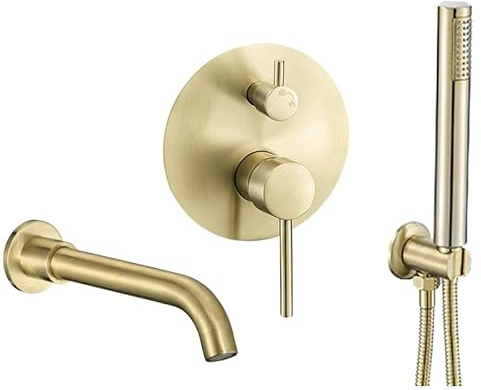 VALAZ Mitigeur Baignoire | Mitigeur Eau Chaude et Froide, Économie d'Eau | Installation Facile et Rapide | Robinet de Douche en Acier Inoxydable, Rond, Dore Brossé, Série Jucar