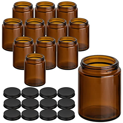 gouveo Lot de 12 pots à crème en verre ambré de 150 ml avec bouchon à vis, noir mat - Pots à crème vides à remplir - Petit pot en verre pour cosmétiques, lotions ou épices (CTB150SZM)