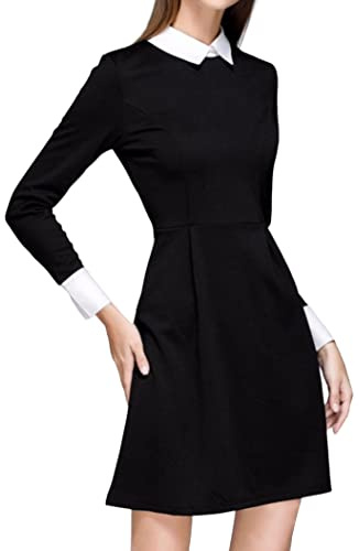 Futura London Womens Black Peter Pan Pleated Long Sleeve Contrast Collar&Cuff Casual Club Halloween Funeral Dress (UK 14)