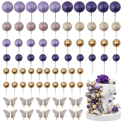 LARDUX 60 bolas decorativas para tartas, diseño de mariposa, decoración de tartas, decoración para cupcakes, para cumpleaños, fiestas, baby shower, bodas, color lila