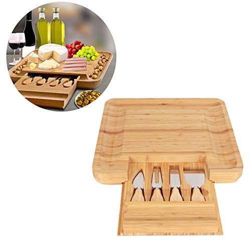 Juego De Tabla De Quesos, Tabla De Quesos De Bambú Y Juego De Cuchillos con Cajón Deslizable para El Hogar Y Regalo, Cubiertos De Acero Inoxidable con Asas De Bambú