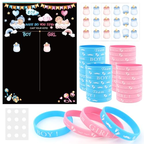 MXTIMWAN 77 Pezzi Set Poster Baby Shower Adesivi Boy or Girl con Braccialetti per Gender Reveal Party, Gender Reveal Giochi Decorazioni per Baby Shower