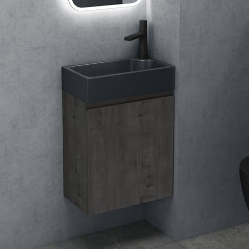 doporro Petit Meuble de Salle de Bain Suspendu 46cm Ensemble de 2 Pièces | Gris, avec Lavabo en Solid Surface, Design Pisa02
