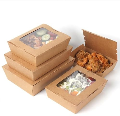 HOT BARGAINS 50 X 500ml/18oz Kraft Paper Food Containers with Single PET Window Eco Friendly Kraft Deli Food Containers Takeaway Food Boxes (50, Rectangular (500ml))