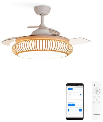 CREATE / WIND CLEAR RATTAN/Deckenventilator mit Beleuchtung Weiß Korbgeflecht-Oval mit WLAN und Fernbedienung / 6 Geschwindigkeiten, Sommer-Wintebetrieb, einziehbare Flügel, 40W, Ø107cm