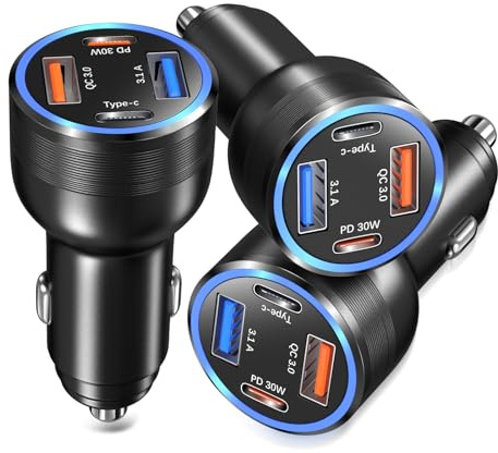 USB C Car Charger 3 Pack, Bangfun 4-Port 65W Dual 12V USB-C & USB A Car Charger Power Adapter QC+PD 3.0 Fast Charging Cigarette Lighter Plug for iPhone 16/15/14/13/11 Pro,Samsung S24,Android(Black)