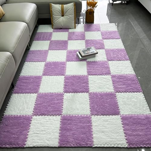 48-Teiliges Ineinander Greifende Teppichfliesen, Bodenmatte Aus Plüsch-Puzzleschaum, Weiche Teppiche, Spielmatte Für Wohnzimmer, 12 Zoll (Lila + Weiß 0,39 Zoll)