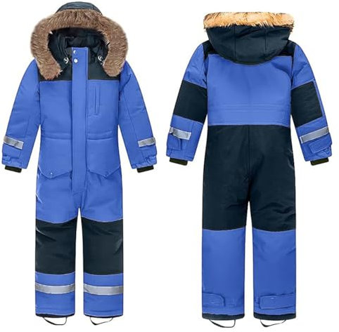 linboo Unisex Kinder Skioverall Wasserdicht Schneeanzug mit Kapuze Atmungsaktiv Schneeoverall Winddicht Skianzug für Jungen Mädchen Verdickt Winteranzug, Königsblau, 134-140(Herstellergröße: 140)