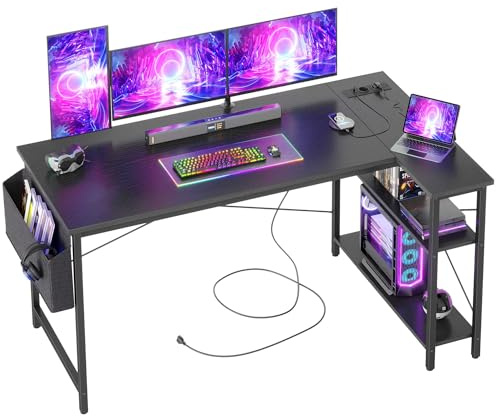 BEXEVUE Gaming skrivbord L-form, 140 x 70 cm, vändbart spelbord datorbord med uttag och sidofickor, hörnskrivbord för kontor och hemmakontor starkare x formhållare, svart