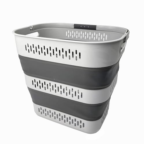SAMMART 40L Zusammenklappbarer Wäschekorb aus Kunststoff mit Griffen – faltbarer Pop-Up-Aufbewahrungsbehälter/Organizer – tragbarer Wäschesammler – platzsparend (1, Grau)