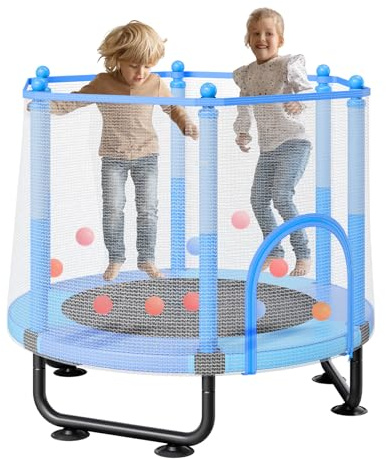 VEVOR Mini trampoline pour enfant, 1545 mm, fitness rebounder récréatif pour tout-petits avec filet de sécurité et panier de basket, cadeaux d'anniversaire, jouets de Noël pour enfants de 3+ ans, bleu