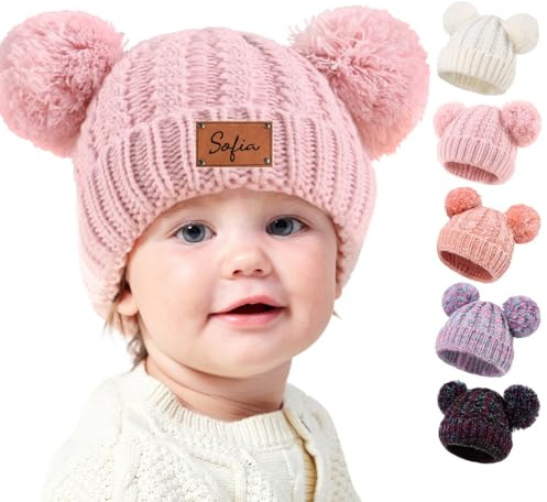 ZZTINGC Personalisierte Benutzerdefinierte Name Baby Pom Pom Strickmütze, Mädchen Wintermützen, Benutzerdefinierte Leder Beschriftet Baby Hut, Randlose Poo Hut, Beanie-Mütze Mit Weichem Innenfutter