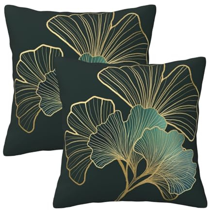 HOSTECCO Turquoise Cushion Covers 45x45 cm Set of 2 Teal Gold Ginkgo Leaves Cushion Cases Emerald Green Decorative Pillow Covers for Sofa Couch
