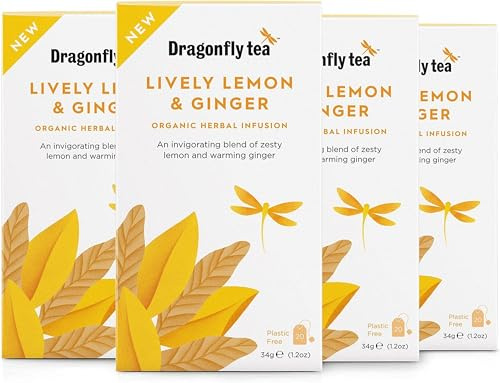 Dragonfly Lively Lemon and Ginger Organic Tea - 4 x 20 Tea Bags (80 Count) - Warming, Zesty & Fiery Herbal Infusion - Plastic Free
