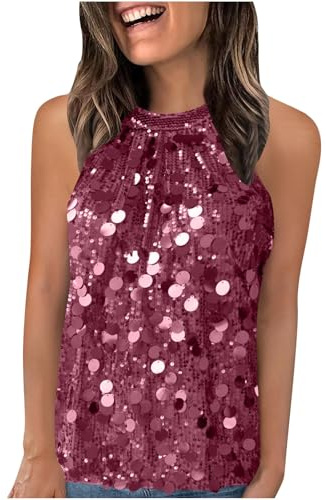 Camiseta Tirantes Mujer,Camiseta Sin Mangas Cuello Halter Lentejuelas Camisetas de Tirantes Sin Manga Purpurina Top Halter Camisola Elegante Brillo Chaleco Sueltos Tank Tops Fiesta Club