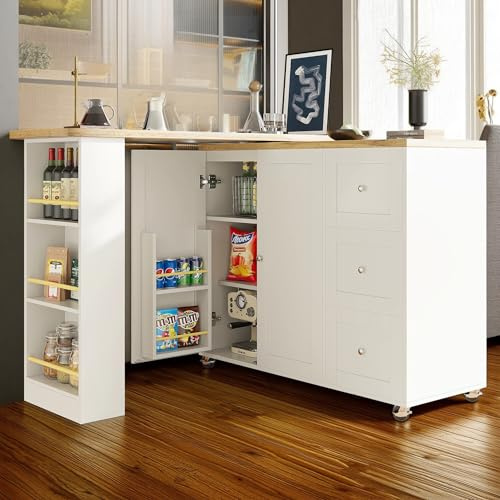 Cayipng Carro de Cocina con Ruedas, Superficie de Trabajo de Madera, toallero y Estante de Especias Ajustable – Mueble Multifuncional con Divisor y 2 Puertas para organización de Cocina