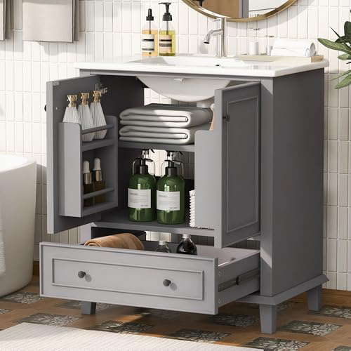 76 x 46 x 87 cm Armadietto da pavimento con lavabo, lavabo, gambe in legno massiccio, verniciatura completa, resistente all'umidità e impermeabile, ampio spazio di archiviazione, lavabo in ceramica