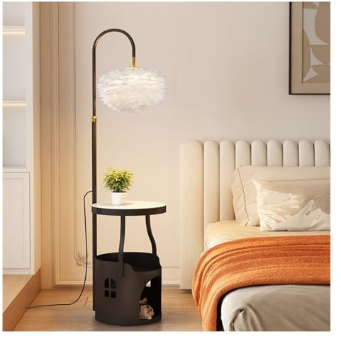 birene Lámpara de pie Mesa Auxiliar Moderna con lámpara, Puerto USB y Cargador for Dormitorio y Sala de Estar.(Black)