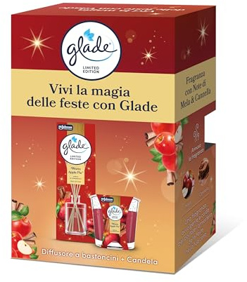 Glade Gift Box Bastoncini + Candela, Edizione Limitata, fragranza Warm Apple Pie,Confezione da 1 diffusore da 50ml e 1 candela da 112g