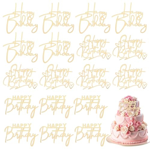 18 Pcs Happy Birthday Cake Topper Gold Mirror Acrylic Cupcake Topper Happy Birthday Sign Gold Inserts Cakes Decorating Supplies Glitter Side Golden Cakes Toppers for Birthdays Party Cake Dessert