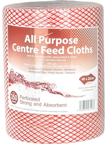 All Purpose Red Center Feed Roll – 350 Sheets, Strong & Absorbent Cleaning Roll for Kitchens, Catering & General Use, Paper Towel Wipes