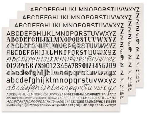 SUPERDANT 4 Stück Buchstaben Und Zahlen Unterglasur Transferfolien Für Keramik Verschiedene Schriftarten Ton Transferpapier Keramik Abziehbilder Aufglasur Emaille Transferstickers DIY Bastelbedarf