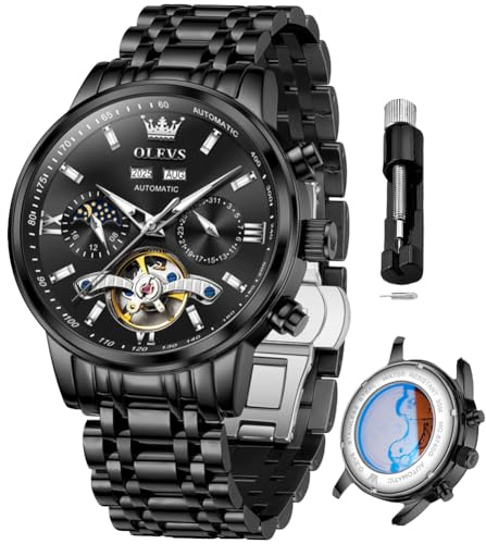 OLEVS Black Mens Skeleton Watch Business Dress Self Winding Mechanical Watches Day Date Waterproof Luminous Fashion Automatic Male Watch