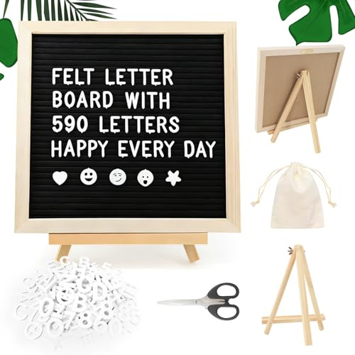 KASURE Black Felt Letter Board with Wood Stand, 25 x 25cm Changeable Message Board, include 590 Letters, Numbers, Symbols and Emojis, for Menus, Baby Announcements, Home and Office Decoration