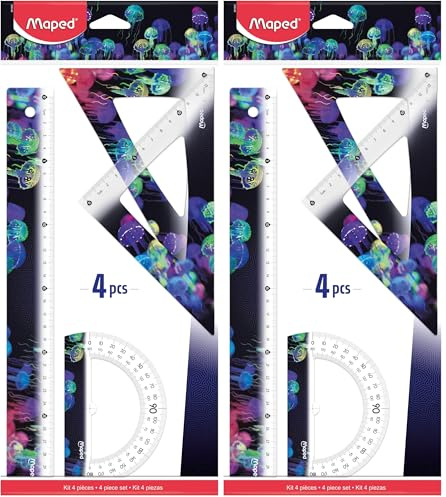 Maped - Set de Traçage 4 Pièces Deepsea Paradise - Règle 30 cm + Équerre 60° / 21 cm + Équerre 45° / 21 cm + Rapporteur 180° Base 12 cm - Instruments Ergonomiques et Légers (Lot de 2)