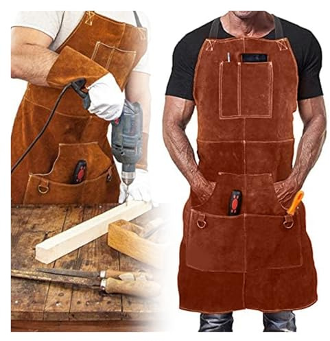 Svetsning arbetskläder, Lädersvetsförkläde med 6 fickor for män Heavy Duty Förkläde Heat Flame 61 * 91cm Läder Svetsförkläde Svetsskyddsutrustning