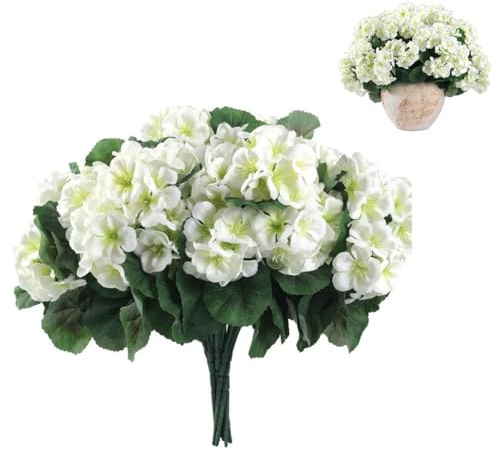 6 Pcs Artificial Geranium Flowers for Outdoors Geranium Silk Red Flower Outdoor UV Resistant Garden Plants Faux Flowers for Window Box, Wreaths for Front Door, Home Wedding Decor (White)