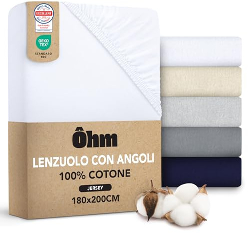 Ôhm Lenzuolo con Angoli Matrimoniale 180x200 cm Bianco – Jersey 100% Cotone Elasticizzato – Morbido e Traspirante – Angoli 28 cm per Materassi Alti – Certificato OEKO-TEX
