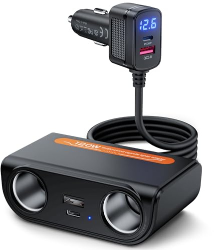 SOARUN 120W Auto Ladegerät,12V/24V KFZ Zigarettenanzünder Verteiler 6 in 1 | 2 Fach Steckdose mit 36W PD & 3 USB, Zigarettenanzünder Stecker für iPhone/iPad/Dashcam/GPS,Handy Adapter mit LED Voltmeter