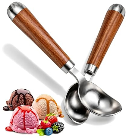 Juego de 2 Cucharas para Helado de Acero Inoxidable 304, Sacabolas Helado de 19 cm con Mango Ergonómico Efecto Madera, para Helado, Galletas, Sorbete y Fruta