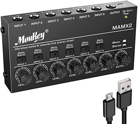 Mezclador estéreo de audio de estudio Moukey, 6 canales para discotecas, bares, escenarios, mesas de mezclas, guitarras, bajos y teclados, MAMX2
