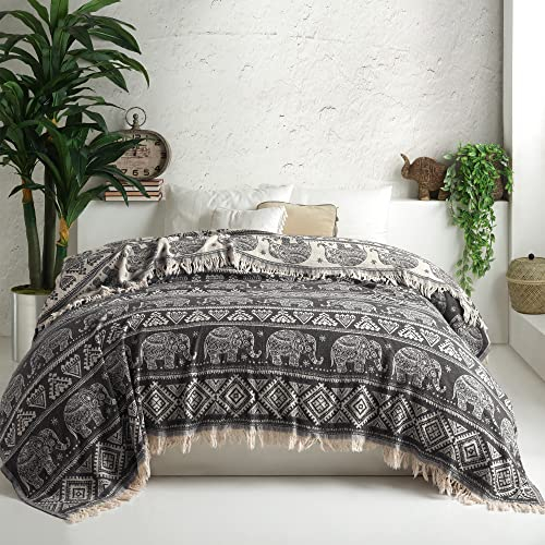 Milam London 100% Cotton Bohemian Throw | King Size Bedspread | Sofa Throw | Bed Throw | Reversible Boho Throw Blanket | Soft Blanket | Sofa Blanket 220 x 240 cm