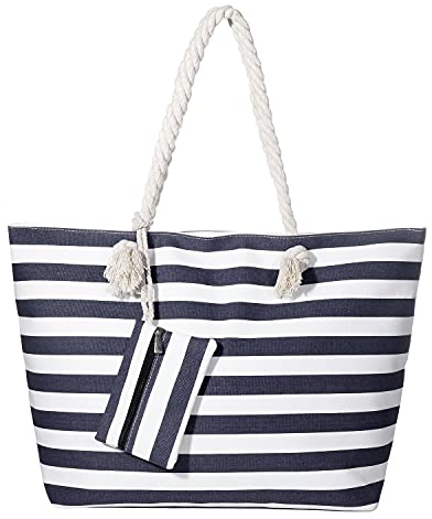 MASADA Badetasche XXL Familie Strandtasche Damen Beach bag groß mit Reißverschluss - Gestreift dunkelblau