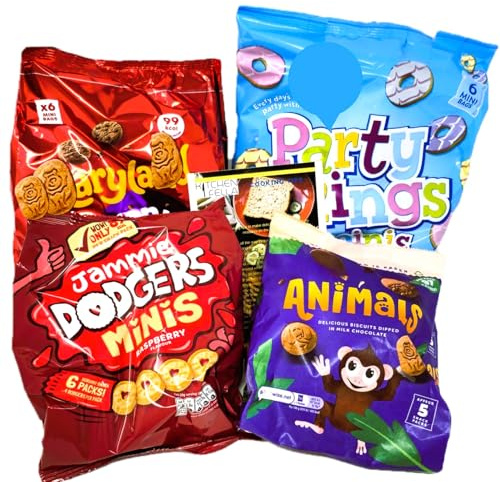 Mini Biscuits Selection Pack with Mini Party Rings, Jammie Dodgers Minis, Double Choc Cookie Minis, Animal Freddo and Kitchenfella 'Cooking Tips' postcard