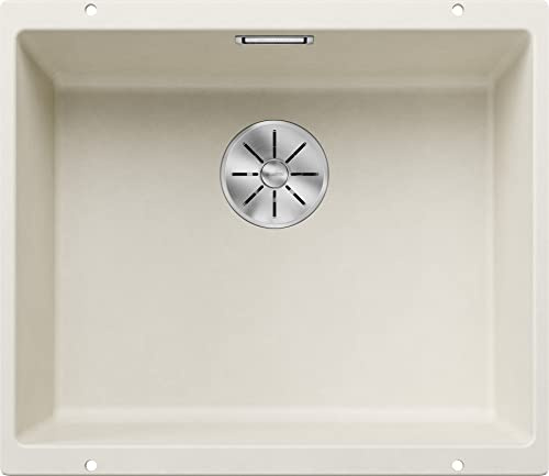 BLANCO SUBLINE 500-U | Granitdiskbänk av SILGRANIT mjuk vit | installationstyp: Underkonstruktion | för 60 cm breda underskåp | handfatsform 2 i 1: två bassänger, en utskärning och endast monterad en