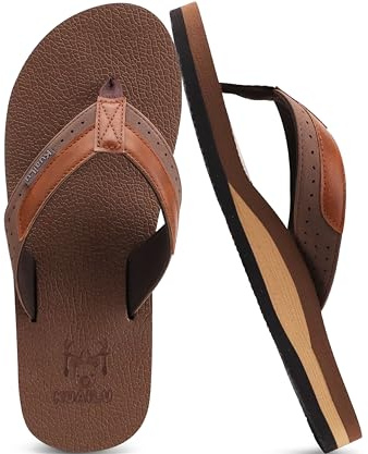 KuaiLu Men's Leather Flip Flops Arch Support Summer Beach Pool Water Thong Sandals Waterproof Rubber Walking Shoes Slip on Orthotic Casual Sport Cushioned Wide Slides Shower Slippers Khaki Brown 9