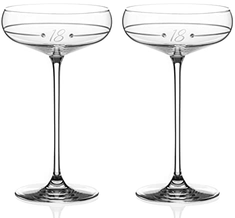 DIAMANTE 18th Birthday Ring Champagne Saucers Pair – Crystal Cocktail Coupe Glasses with Hand Etched 18 and Crystals – Gift Boxed Set of 2