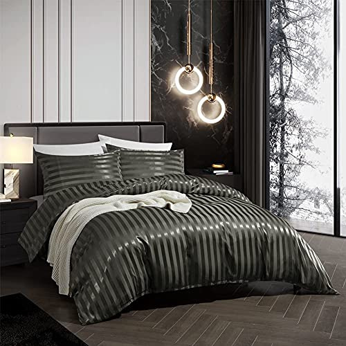 Parure Housse de Couette 220x240 Satin Anthracite Gris Satinée Parure de lit Soie Lisse Soyeux Brillant Rayée Adulte 2 Personne Ensemble Literie avec Fermeture éclair et 2x 65x65cm Taies d'oreiller