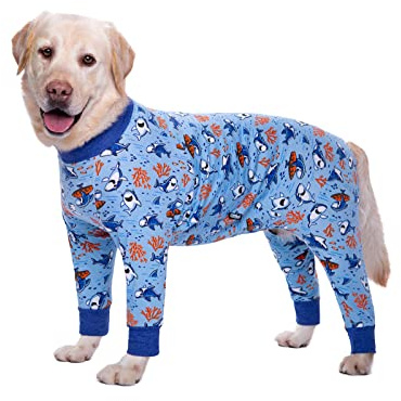 BT Bear Elastischer Haustier-Einteiler für große Hunde, schützt Gelenke, Anti-Haare, Lecken, Wundschutz, Haustier-Pyjama, Overall für mittelgroße und große Hunde (XXXL, blauer Hai)