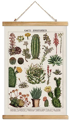XIAOAIKA Vintage Kaktus Poster mit Holzrahmen, Retro Stil Wanddekoration Kunst Malerei, Muster gedruckt auf Leinen ohne Verblassen, fertig zum Aufhängen (30 x 40 cm)