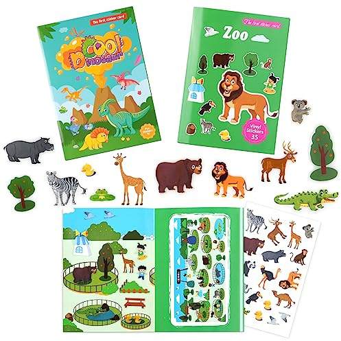 Vicloon 2 Stück Wiederverwendbare Stickerbuch, Reusable Sticker Zoo/Dinosaurier Farbig Aufkleber, Kleinkinder Sticker für Geburtstag Weihnachten Geschenke geeignet für Kinder ab 3 Jahren