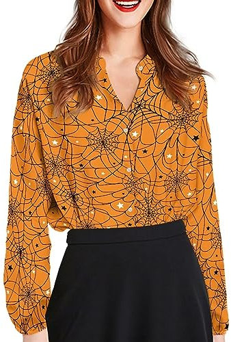 Howilath Van Gogh Oberteil für Damen, V-Ausschnitt, Mandelblüte, Knopfleiste, langärmelig, Tunika, Top, Blumenrüschen, elegante Bluse, T-Shirts, Spinnennetz, M